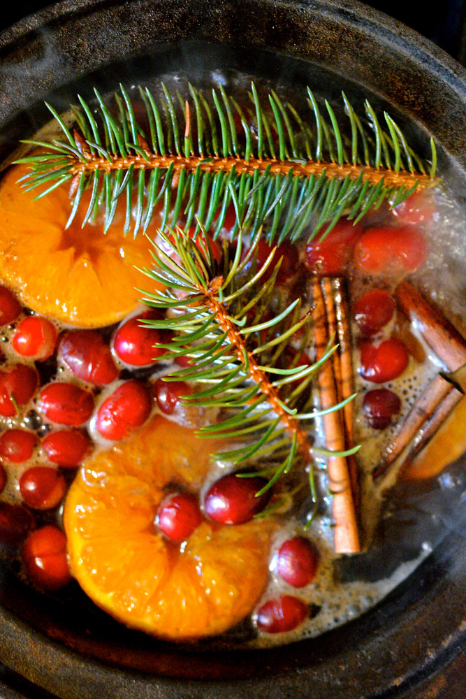Simmer pot with oranges, cranberries, pine, and cinnamon sticks